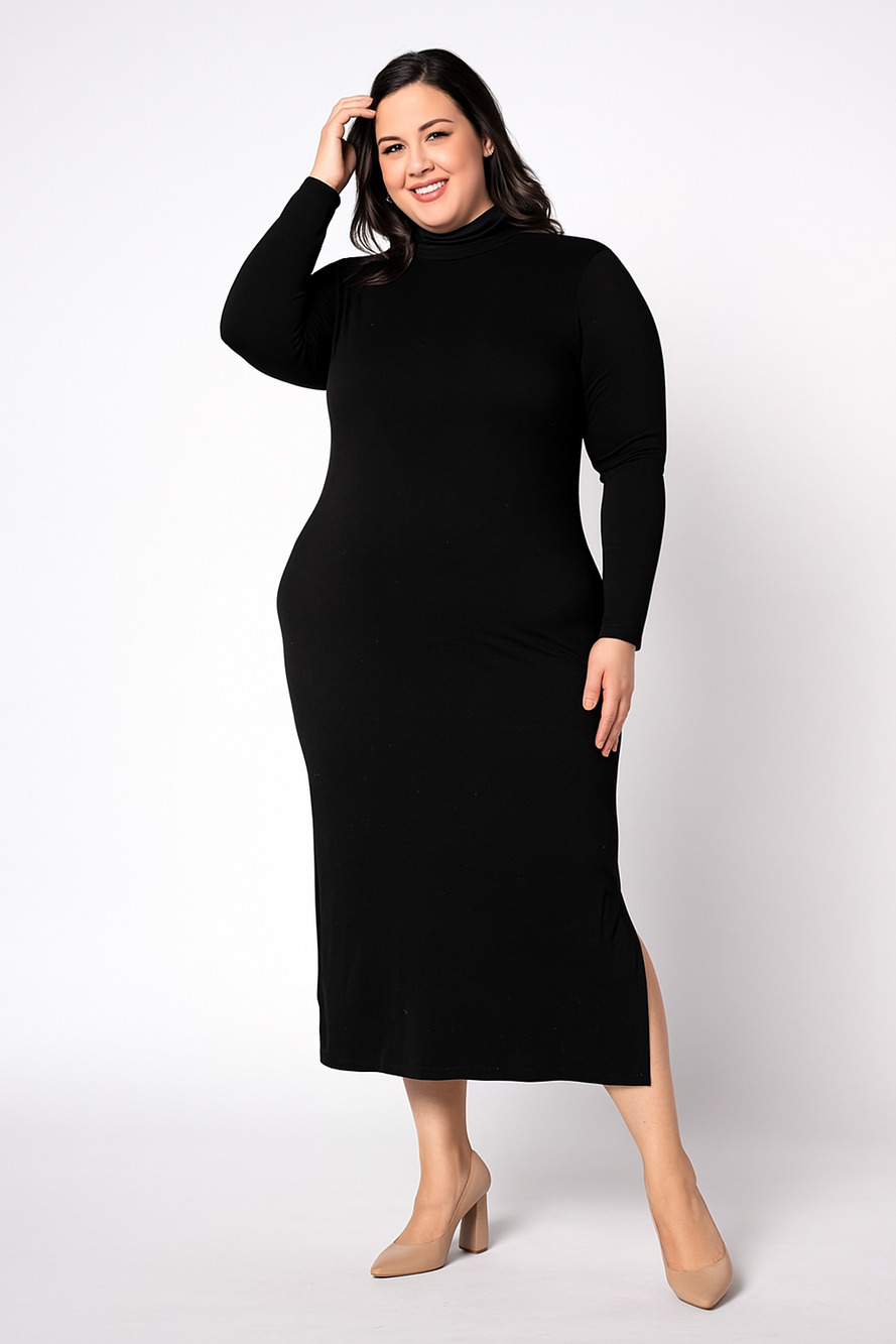 Women with Control Black Mock Jersey Cotton Midi Dress Long Sleeve 2XP Plus